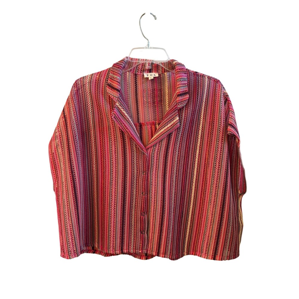 POL Multi Color Striped Open‎ Knit Snap Front Boxy Blouse Top Boho Size Large